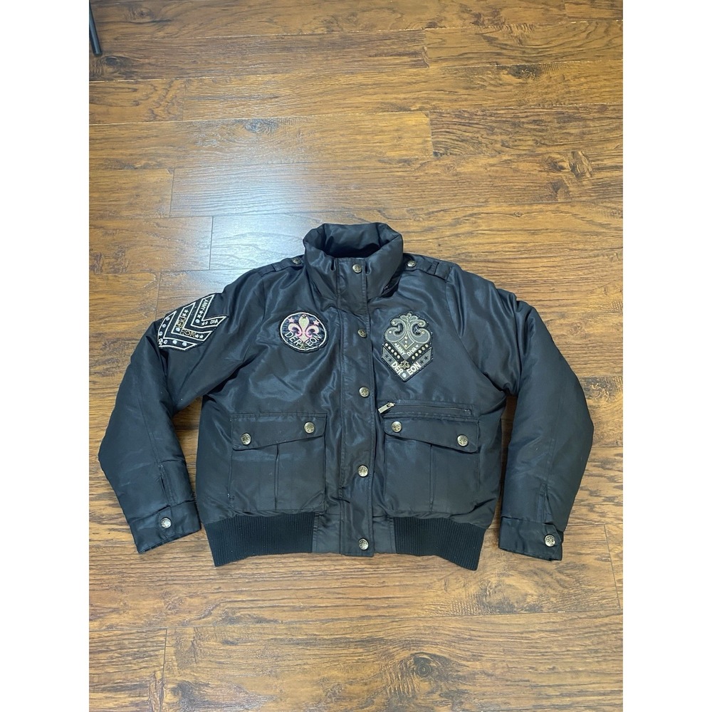 Dereon Black Quilted Puffer Bomber Jacket with Army Embroidered Patches